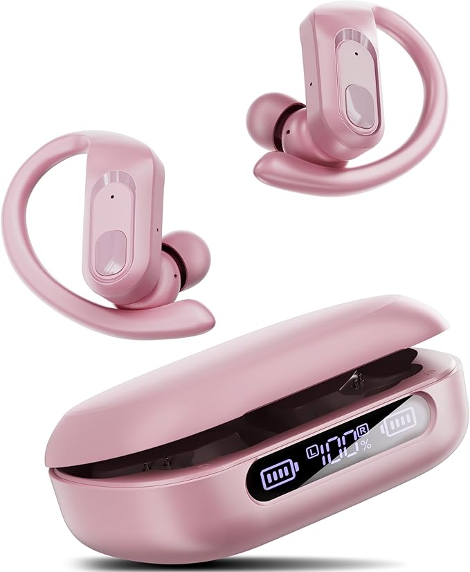 occiam Active Noise Cancelling Wireless Earbuds Bluetooth Headphones Ear Buds 96Hrs Playback Clear Call Waterproof Earphones with Ear Hook Microphones for Sport Running Pink