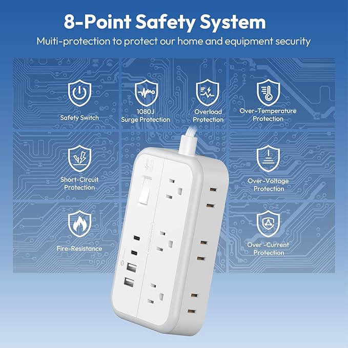 Power Strip 10 ft, Flat Plug Extension Cord with 6 Outlets 4 USB Ports, Outlet Extender Long Cord, Overload Protection, Extension Cord with Multiple Outlets for Indoor, Home, Office