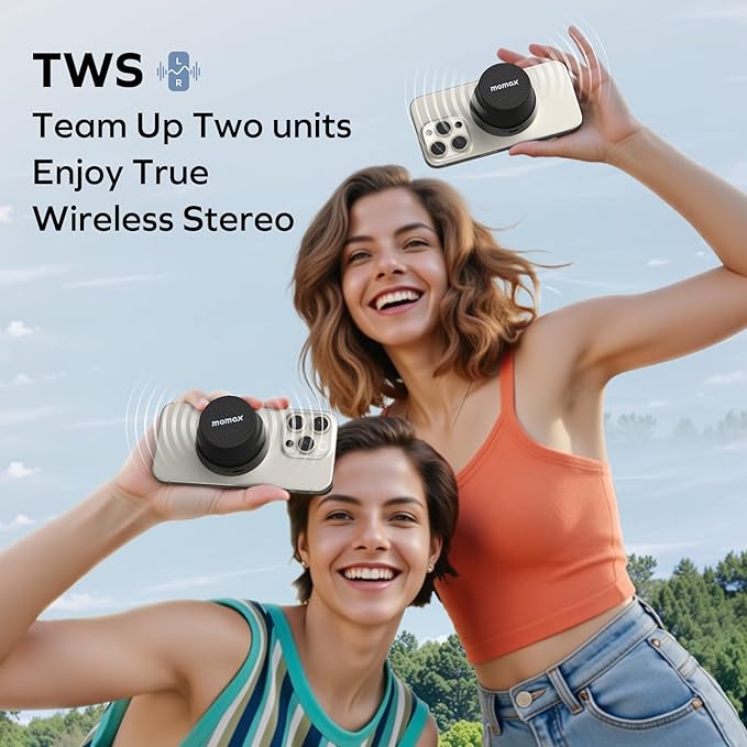 MOMAX Magnetic Portable Bluetooth Speaker, IPX6 Waterproof Mini Shower Speaker, Enhanced Bass, 12H Playtime, TWS Stereo, USB-C Outdoor Speaker, Travel & Gift Ideas, Black