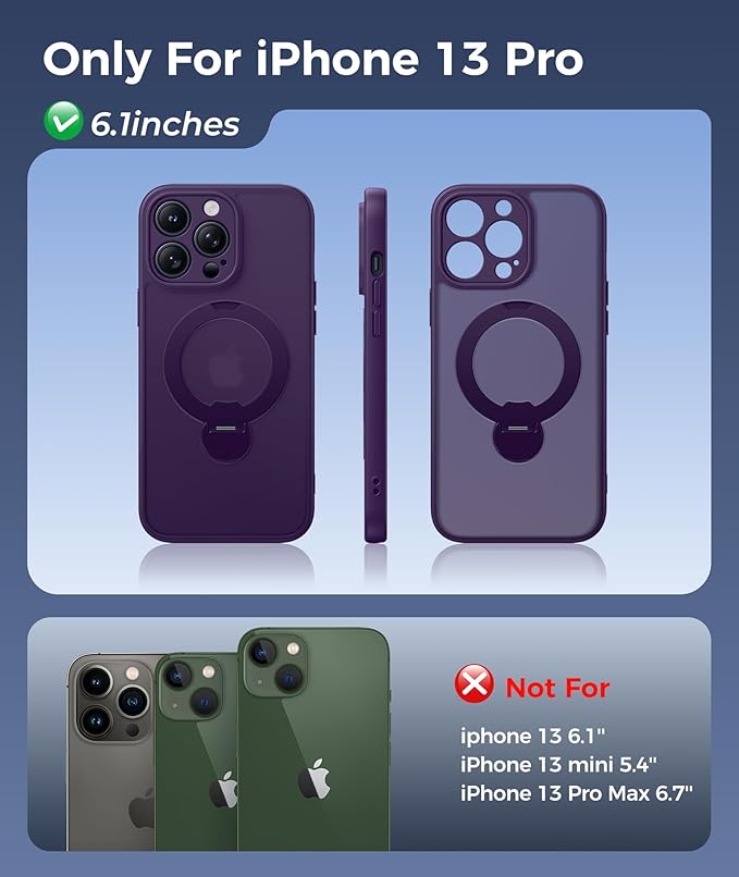 FNTCASE for iPhone 13 Pro Case: [360 Spin Magnetic Stand] [Compatible with Magsafe] [Screen Protector] Translucent Matte Military Grade Shockproof Full Camera Protective Phone Cover - Purple