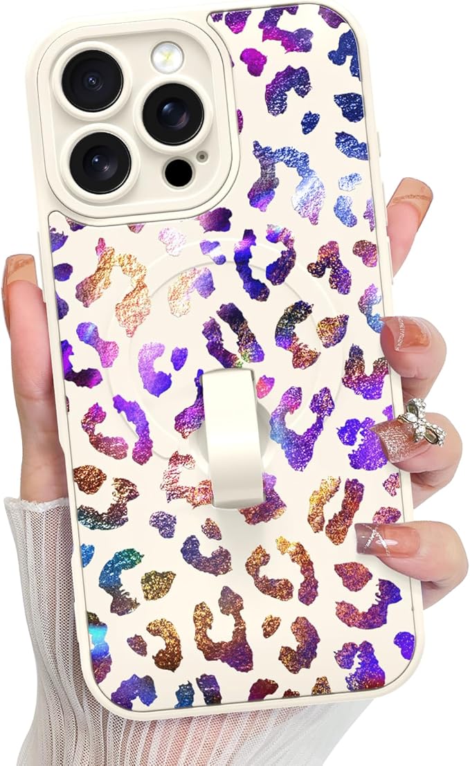 KANGHAR Compatible with iPhone 16 Pro Case, Support for MagSafe, Silicone Cute Iridescent Leopard Cheetah Pattern, Wristband Kickstand Shockproof Protective Slim Cover for Women Girls, White