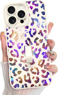 KANGHAR Compatible with iPhone 16 Pro Max Case, Support for MagSafe, Silicone Cute Iridescent Leopard Cheetah Pattern, Wristband Kickstand Shockproof Protective Slim Cover for Women Girls, White