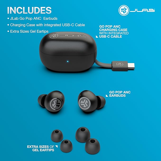 JLab Go Pop ANC, True Wireless Earbuds, Active Noise Cancelling, Bluetooth Earbuds with Charging Case, Black