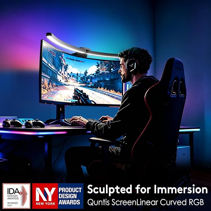 Quntis Curved Monitor Light Bar 15 RGB Backlight for 34"+ Screens, Computer Bar Lights Fold Dual Light with Color Temperature Brightness Stepless Dimming, No Glare Desk Lamp for Home Office Gaming