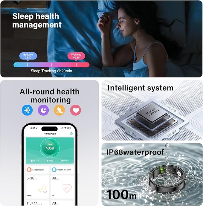 Smart Ring Health Tracker, Fitness Sleep and Heart Rate Monitor Smart Ring, Waterproof Bluetooth Fitness Tracker Ring IPX68 Waterproof (Black, 8)