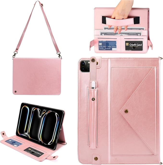 Case for iPad Pro 11" M5 M4 (2025/2024), Techcircle Smart Folio Stand PU Leather Cover w/Hand Strap/Pencil Holder/Card Slots/Envelope Pocket Wallet Case, Rose Gold