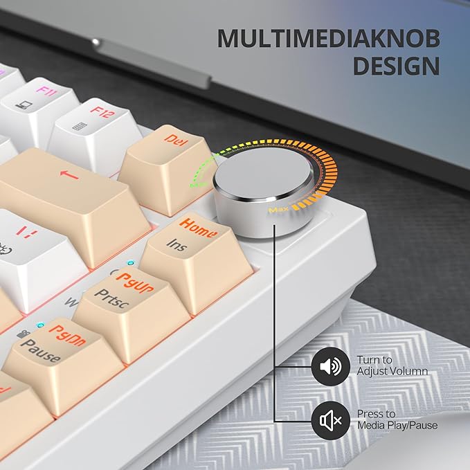 75% Mechanical Creamy Keyboard with Volumn Knob, Gasket Hot Swappable RGB Gaming Keyboard, Wired Custom Keyboard with Red Switch, 82 Keys Compact Creamy White