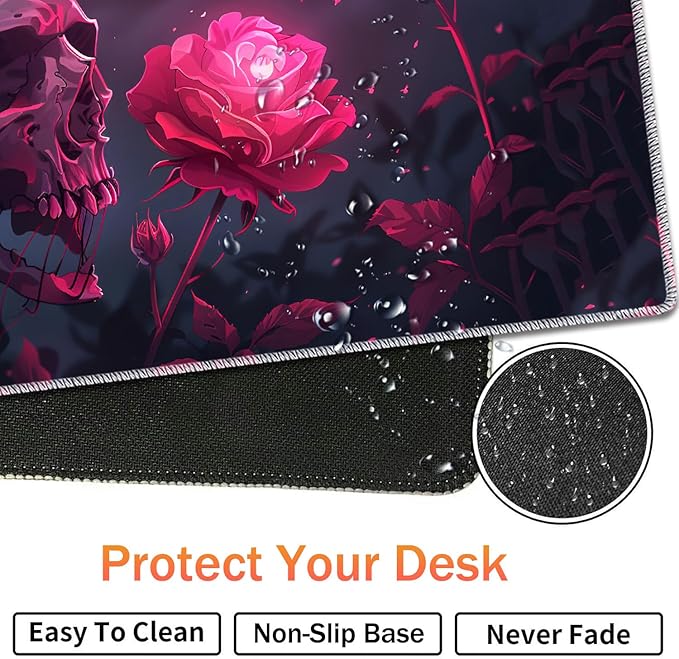 Extended Non-Slip Mouse Pad + Mouse Wrist Rest + Lace-Shaped Coaster Set, Ergonomic Design, Suitable for Desk and Home Gaming Table Mat, Rose Skull