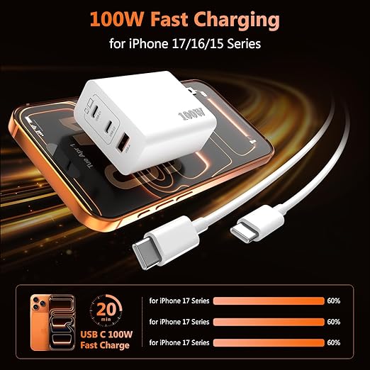 100W USB C Charger Block, 3-Port GaN Fast Wall Charger with 2 Cables [C-C & A-C], Travel Essentials PD Adapter for MacBook Pro, for iPhone 17/16/15, Samsung S25, for Home Office & Laptop - White