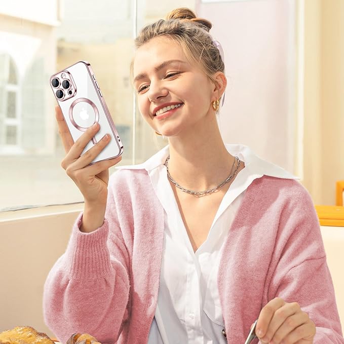 Hython Magnetic Clear for iPhone 16 Pro Case with Camera Lens Protector [Compatible with MagSafe] Luxury Plating Edge Slim Soft TPU Cover Protective Phone Case for iPhone 16 Pro 6.3", Pink