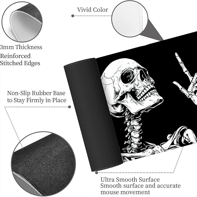 Skeleton Mouse Pad Large Rock Black White XL Mouse Pad Large Mousepad Extended Laptop Keyboard Mat Gaming Desk Pad Mouse Mat Compatible with Computer, Laptop, and Keyboard 31.5x11.8 Inch