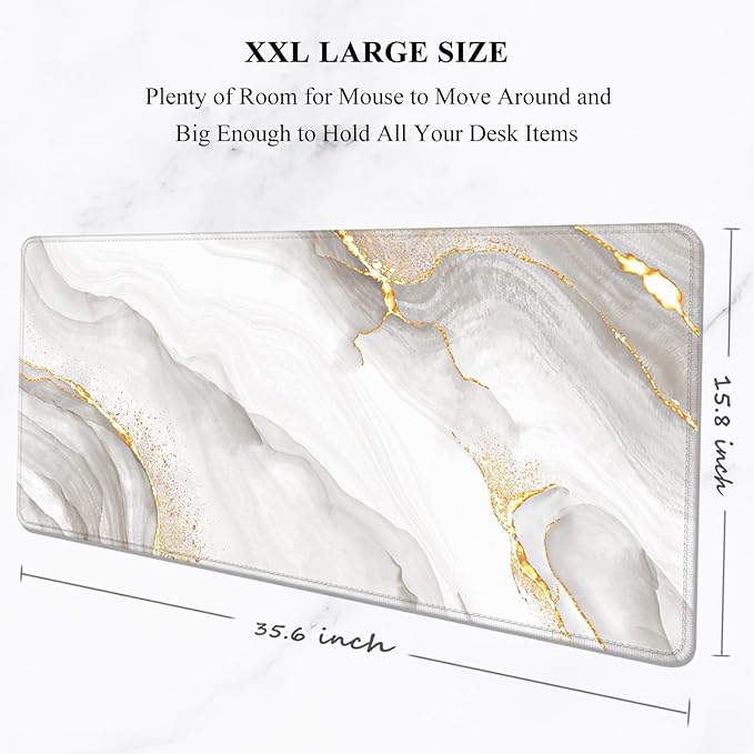 Auhoahsil Large Mouse Pad, XXL Gaming Mousepad, Desk Mat for Desktop, Thick Rubber, Big & Long Size, Stitched Edges, Full Desk Pad for Laptop & Computer, Extended 35.4 x 15.7 in, Gold Gray Marble