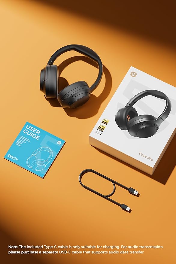 SoundPEATS Cove Pro Over Ear Headphones with 56dB Adaptive Noise Cancellation, 95H Battery for Long Flights, Comfortable Over-Ear Design, Hi-Res Audio & Clear Calls,Black