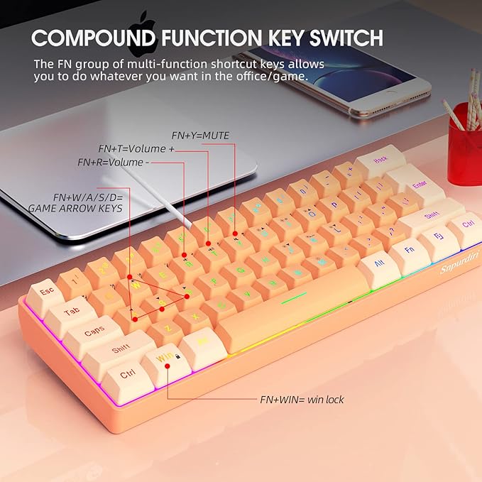 Snpurdiri 60% Wired Gaming Keyboard, RGB Backlit Ultra-Compact Mini Gaming Keyboard for PC/Mac Gamer, Typist, Travel (Cream and Orange)