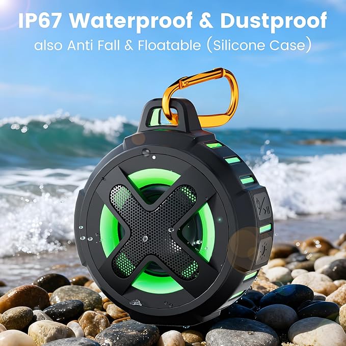 Upgraded, IP67 Waterproof Bluetooth Speaker, Silicone Case,10W Pro Sound&Deep Bass,24H Playtime, with Lights,Clip,Floating,for Shower,Beach essentials, Kayak Paddle Board Boat Lake Camping accessories