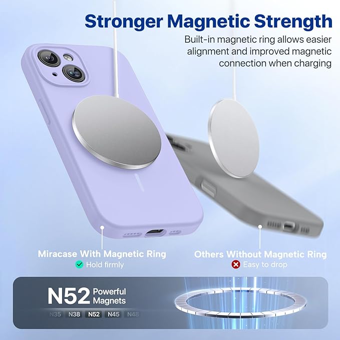 Miracase Magnetic for iPhone 15 Plus Case, [Soft Anti-Scratch Microfiber Lining], Magnetic for MagSafe, Liquid Silicone Shockproof Drop Protection Phone Case for 15 Plus, Light Purple