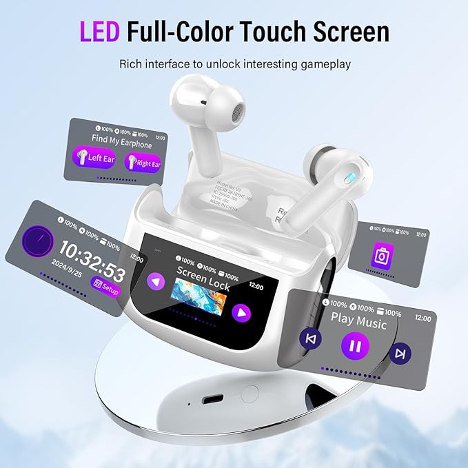 Wireless Earbuds, Bluetooth 5.4 Headphones with Multifunctional Touch Screen, 48H Bass Stereo Ear Buds with ANC/ENC Noise Cancelling/Transparency Mode, IPX7 Earphones with 5 EQ Modes, Milky White