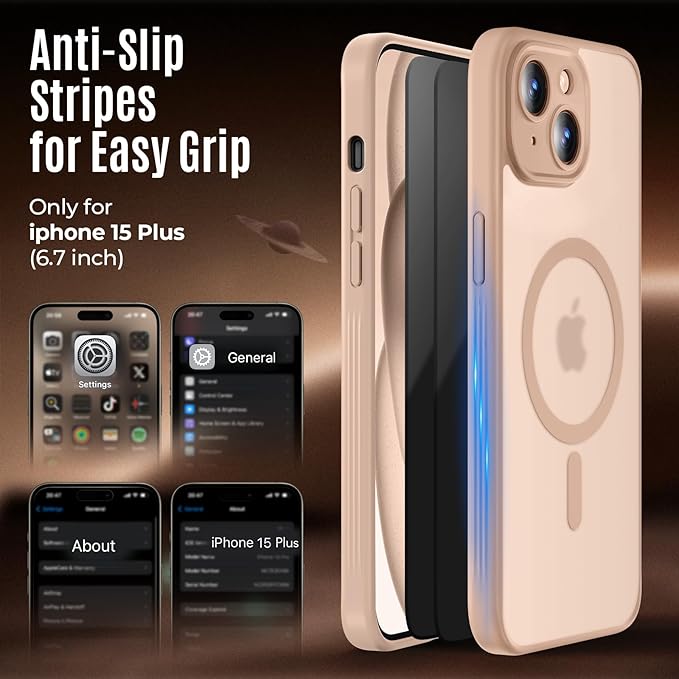 Symcele Designed for iPhone 15 Plus Case, Compatible with MagSafe, with Privacy Screen Protectors X2, [Camera Protection] [15FT Military Drop Protection] Shockproof Phone Case, 6.7", Light Brown