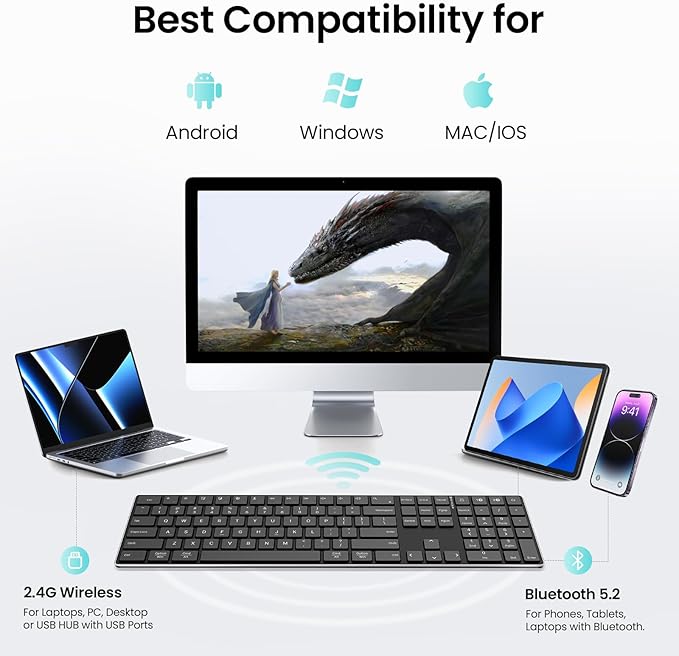 TIETI 2.4G Wireless Bluetooth Keyboard Rechargeable, Stainless Steel Ultra Slim Full Size Keyboard with Numeric Keypad Low Profile Silent Cordless Keyboards for Computer/Mac/Windows