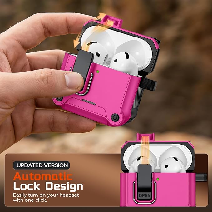 Inesore Compatible with AirPods 4 Generation Case,Secure Lock & Phone Stand Design,Compatible with MagSafe,Automatic Snap Switch Secure Cover for New AirPods 4th (2024)-Rose red