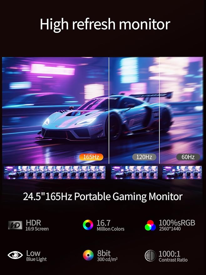 24.5" 2.5K Portable Monitor 160Hz QHD Gaming Monitor 100% sRGB IPS Large Screen, USB-C HDMI External Second Screen with Kickstand, Travel Monitor for Laptop, PC, Phone, VESA Mountable