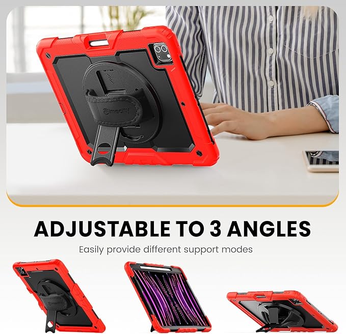 Timecity Protective Case for iPad Pro 12.9 inch 6th/ 5th/ 4th/ 3rd Generation, with Strong Protection, Screen Protector, Hand/Shoulder Strap, Rotating Stand, Pencil Holder - Red