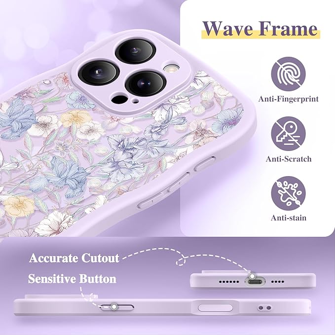 GVIEWIN for iPhone 16 Pro Max Case Compatible with MagSafe [Curly Wave Edge][Full Camera Protection] Floral Translucent Shockproof Magnetic Women Phone Case for 16 Pro Max, Apricot Blossom/Purple