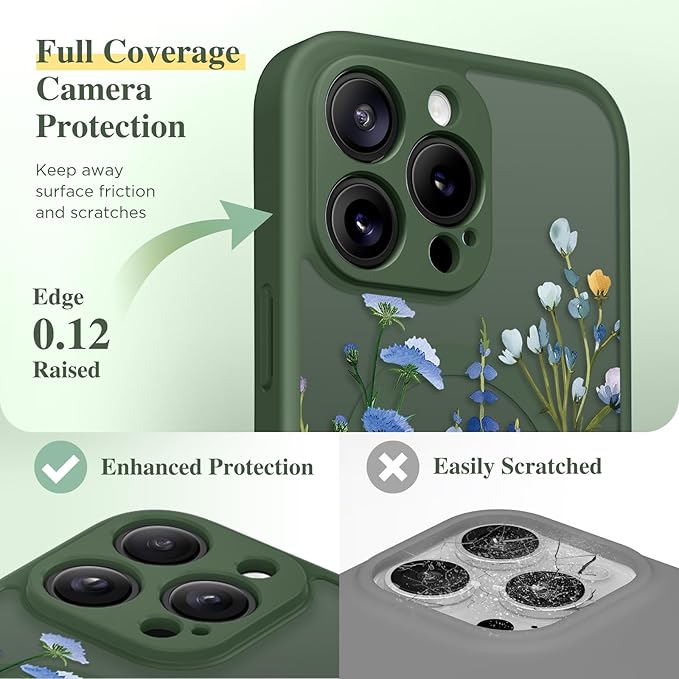 GVIEWIN for iPhone 16 Pro Case Compatible with MagSafe, [Military Grade Protection] [Screen Protector] Full Camera Protection Floral Translucent Women Magnetic Phone Case, Sweet Posy/Forest Green