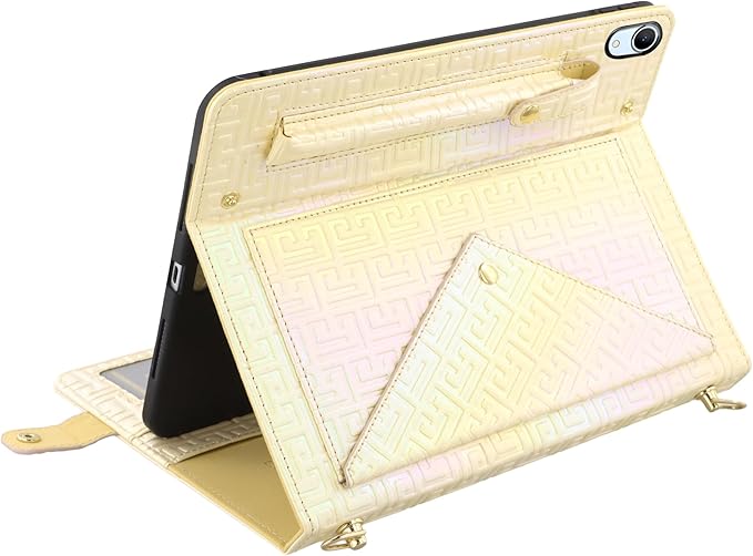 Shiny Case for iPad mini 7 2024/Mini 6th Gen Handbag Case, Techcircle Iridescent PU Leather Folio Envelope Pocket Stand Cover with Hand Strap+Shoulder Strap+Pencil Holder+Card Slots, Shiny Yellow