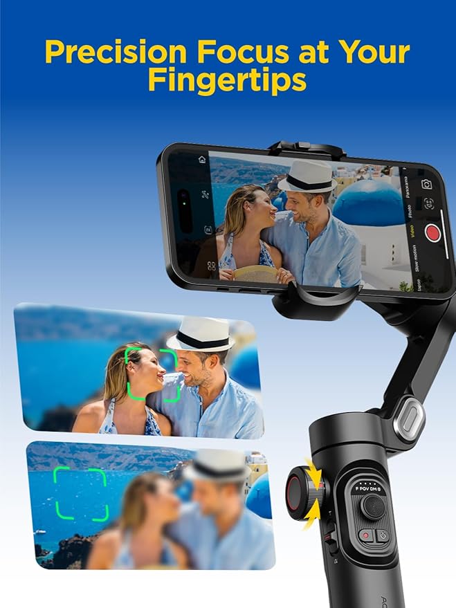 AOCHUAN Gimbal Stabilizer for iPhone Gimbal, Smartphone w/Focus Wheel Face/Object Tracking for iPhone 17 16 15 Pro Max/Android Foldable 3-Axis Handheld Phone Stabilizer for Video Recording -Smart XE