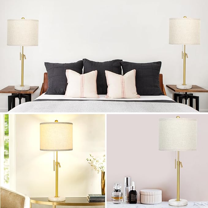 Qingmiao Table Lamps for Bedrooms Set of 2, 22" to 30" Height Adjustable Nightstand Lamps with Linen Shade, Pull Chain Switch Lamps for Living Room, 3 Way Dimmable Bedside Lamp