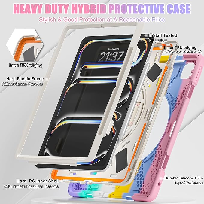 Batianda Case for iPad Pro 13-inch 2025 M5 2024 M4 Chip Heavy Duty Rugged Durability Silicone Tablet Cover with 360° Rotating Hand Strap Foldable Hidden Stand & Shoulder Strap, Colorful Pink