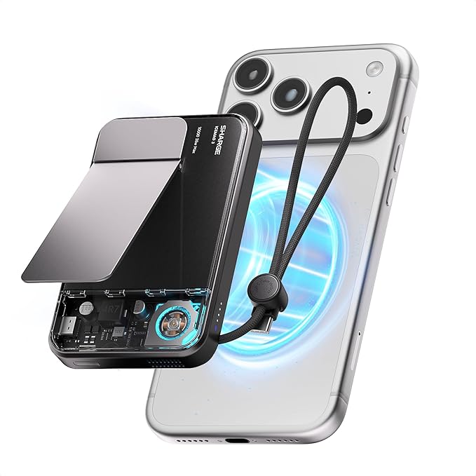 sharge ICEMAG 3 MagSafe Portable Charger, Qi2.2 25W Magnetic Power Bank 10000mAh 35W USB-C Fast Charging, with Active Cooling& Built-in Cable, Transparent RGB Design for iPhone 17e/16/15 Series
