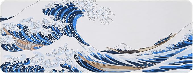 31.4"x11.8"Extended Large Gaming Mouse Pad,XL Large Non-Slip Rubber Base Mousepad with Stitched Edges,Waterproof Keyboard Mouse Mat Desk Pad,Japanese Sea Wave, White and Blue Tones