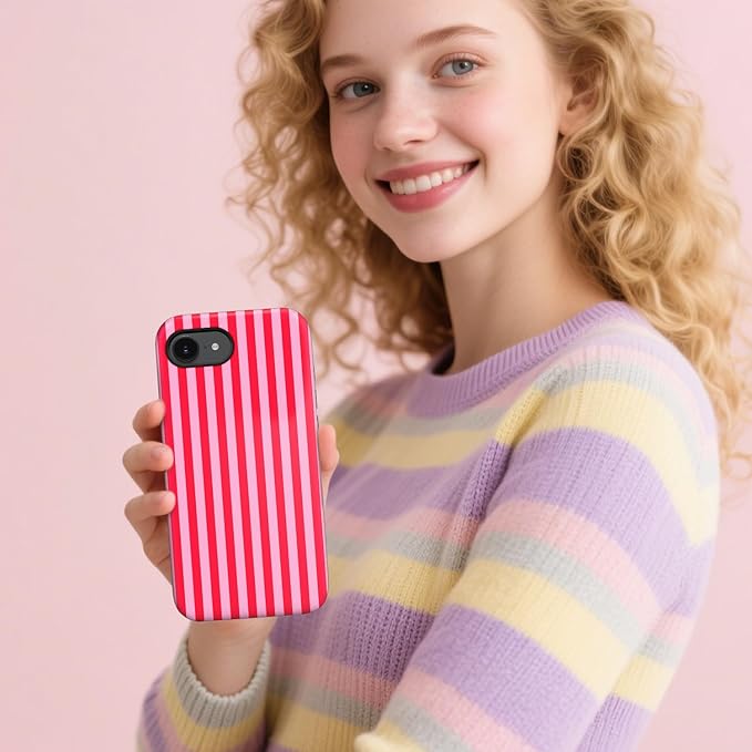 Magnetic for iPhone 16e Case Cute Stripes Phone Case, Shockproof Slim TPU and Hard PC Protective Phone Cover Compatible with MagSafe Designed for Women Girls, Red and Pink