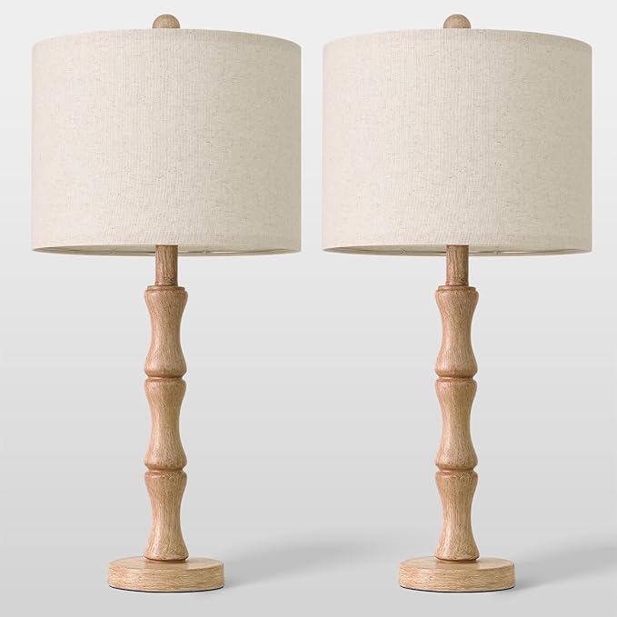 BOBOMOMO 25" Farmhouse Table Lamps Set of 2, Rustic Nightstand Lamps with Wood Grain Resin Base & Linen Shade, Standard Table Lamps for Bedroom, Living Room, Reading Nock & House Décor