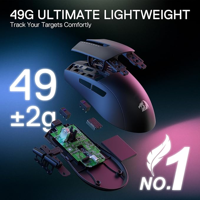 Redragon M916 Wireless Gaming Mouse, 49G Ultra-Light 8K DPI 2.4G Wireless Gaming Mouse w/Ergonomic Natural Grip Build, Full Programmable Buttons, Software Supports DIY Keybinds & DPI