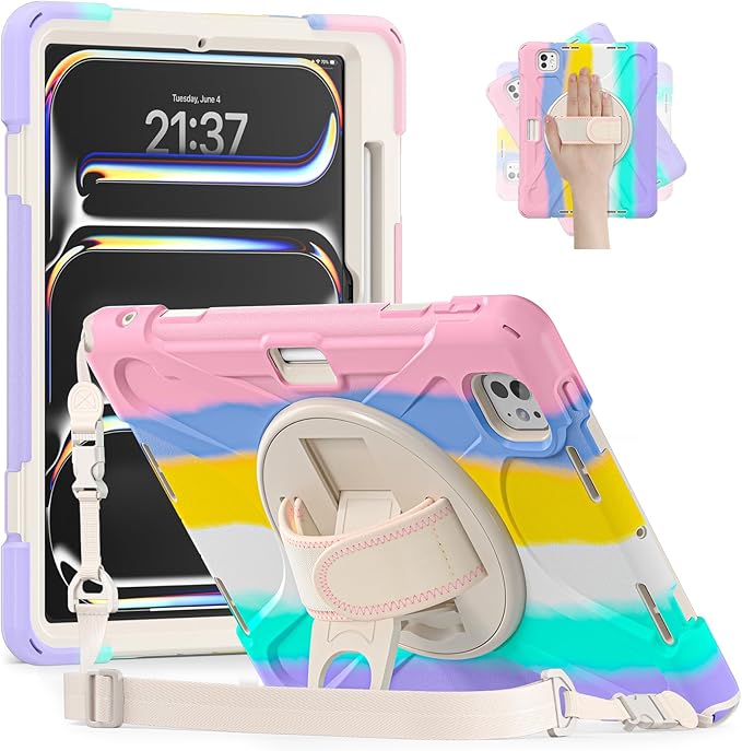 Batianda Case for New iPad Pro 11-inch 2025 M5 2024 M4 Chip Heavy Duty Rugged Durability Silicone Tablet Cover with 360° Rotating Hand Strap Foldable Hidden Stand & Shoulder Strap, Colorful Pink