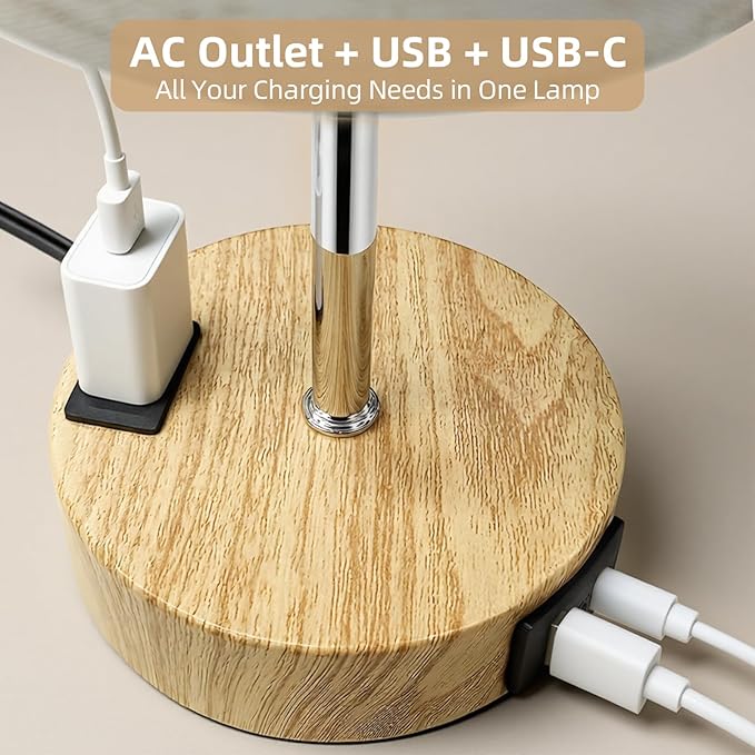 2-Pack Table Lamps, High-Sensitivity Touch, 3-Level Dimmable Bedside Lamp with AC Outlet | USB | and USB-C, Ideal Nightstand Lamps for Bedroom, Reading (2PCS, Warm&Wooden)