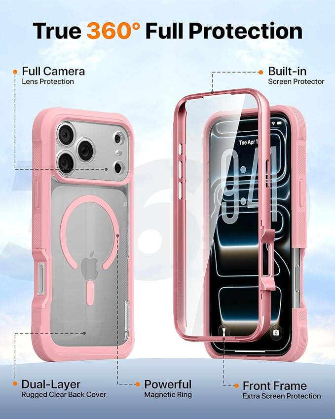 Diaclara Magnetic Designed for iPhone 17 Pro Case Full Body Bumper,[Compatible with MagSafe] Military Drop Proof Cover with Built-in Touch Sensitive Anti-Scratch Screen Protector,Pink