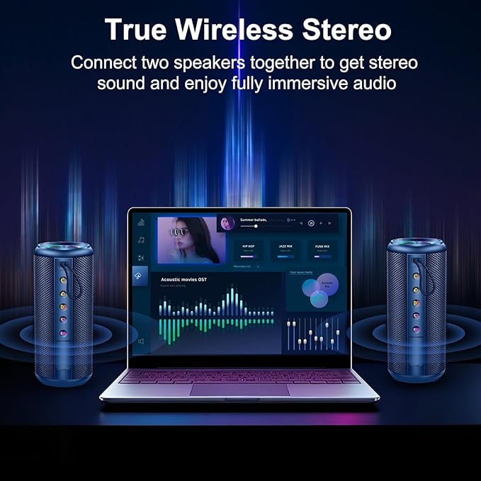 Portable Bluetooth Speaker, Bluetooth 5.4 Wireless Speaker with 20W HD Loud Stereo Sound, 20H Playtime, IP7 Waterproof, LED Lights, TWS Pairing, Built-in Mic, for Outdoor, Party, Home, Gift, Blue
