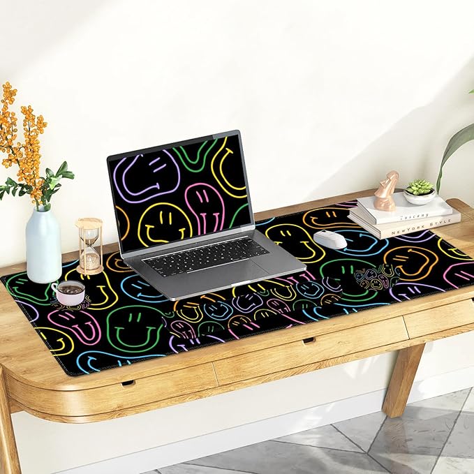 Large Gaming Mouse Pad Set, 4 in 1 Extended Keyboard Desk Mat with Wrist Rest, Computer Game Mousepad, Non-Slip Desk Pad Protector Easy Typing Pain Relief for Home Office I Black Retro Hippie