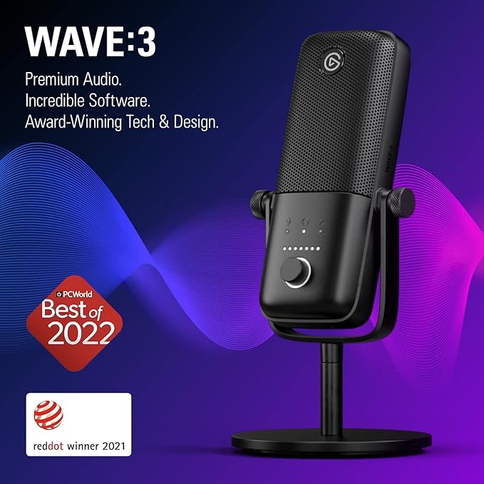 Elgato Wave:3 - Premium Studio Quality USB Condenser Microphone for Streaming, Podcast, Gaming and Home Office, Free Mixer Software, Sound Effect Plugins, Anti-Distortion, Plug ’n Play, for Mac, PC