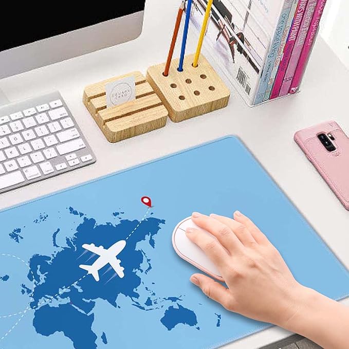 World Map with Airplane Desk Mat Blue Large Mouse Pad XL Extended Gaming Mousepad Keyboard Mouse Mat Desk Pad for Computer Laptop 31.5''X11.8'' Non-Slip Rubber Base with Stitched Edges