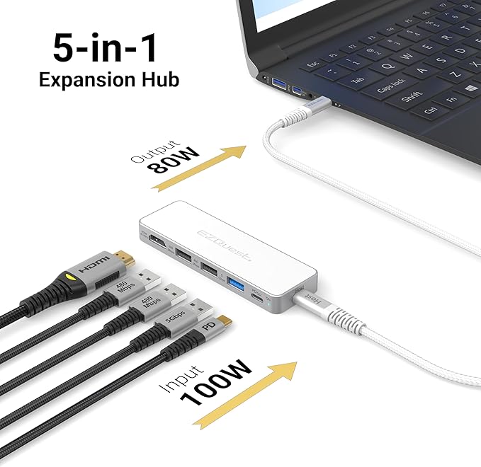 USB-C 5-in-1 Hub Pro Series: 4K 60Hz HDMI, 100W PD Charging, USB 3.0 Data, 20" Detachable Cable. Multiport Adapter for MacBook Pro/Air, iPad, Windows, Thunderbolt 3/4 (Silver White)