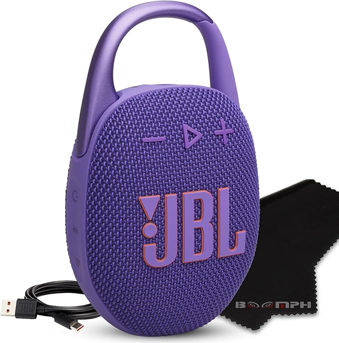 JBL Clip 5 Portable Bluetooth Speaker, IP67 Waterproof & Dustproof, Long-Lasting Battery - Purple - Boomph's Comprehensive Ultimate Performance Cloth Solution for Your On-the-Go Sound Experience