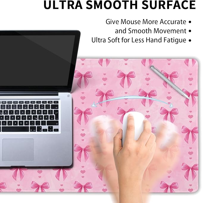 Pink Bows Mouse Pad Extended Large 35.4x15.7in Coquette Kawaii Desk Mat Preppy Trendy Computer Large Mousepad Non-Slip Rubber Base Stitched Edge Gaming Mousepad PC Computer Desk Pad for Work Desktop