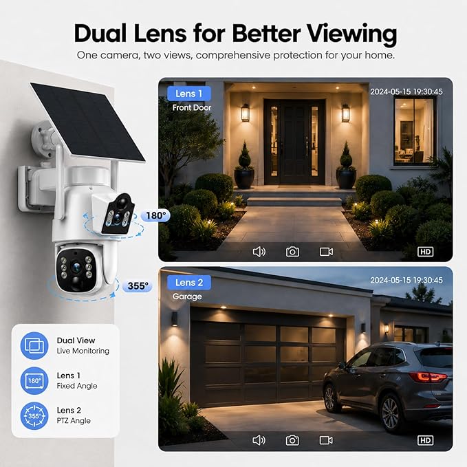 Camcamp Solar Security Cameras Wireless Outdoor, 4 Cameras (8 Screen), Dual Lens Wireless Cameras for Home Security, 10CH NVR, 2.4/5GHz WiFi, 2K Color Night Vision, 2-Way Audio, No Monthly Fee
