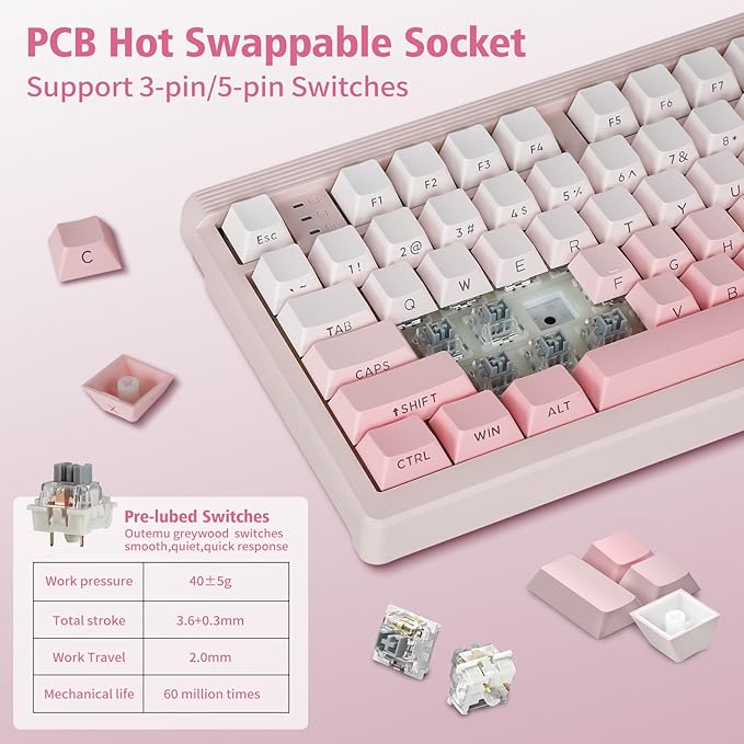 E-YOOSO Wireless Mechanical Keyboard, 96% Custom Gaming Keyboard with Knob, Creamy Sound, Number Pad, Hot Swappable Pre-lubed Linear Switches, RGB Backlit, 2.4GHz/Bluetooth/USB Wired, Pink