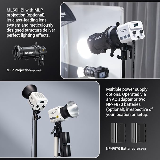 Godox ML60IIBi 70W Bi-Color COB LED Video Light,2800K-6500K CRI 96+/TLCI 97+,Built-in 11 Lighting Effects,App Control Photography Lighting